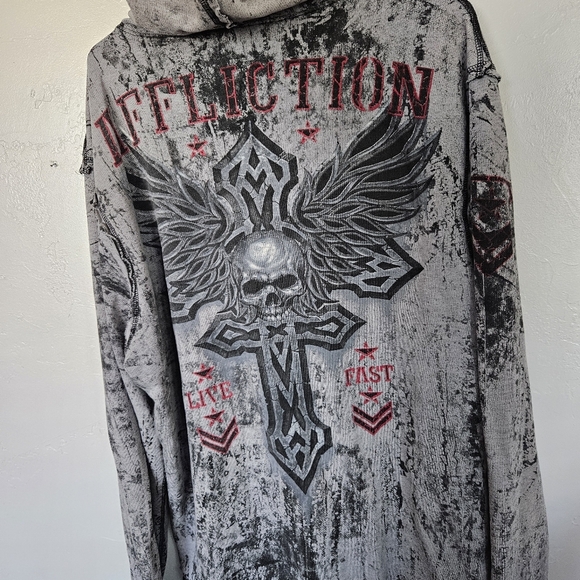Affliction Men's XL Reversible  Black Gray Orange Edgy Zip-Up Jacket Cross Skull - Picture 6 of 13